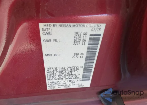 2018 Nissan Altima 2.5 Sr из США, поврежденный, VIN 1N4AL3AP7JC289716